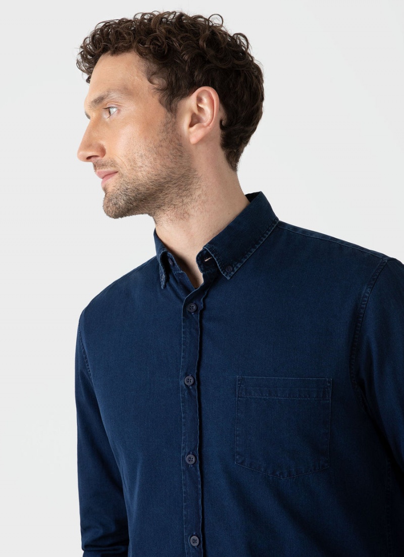 Blue Sunspel Button Down Denim Shirt | 46389-WQXG | USA