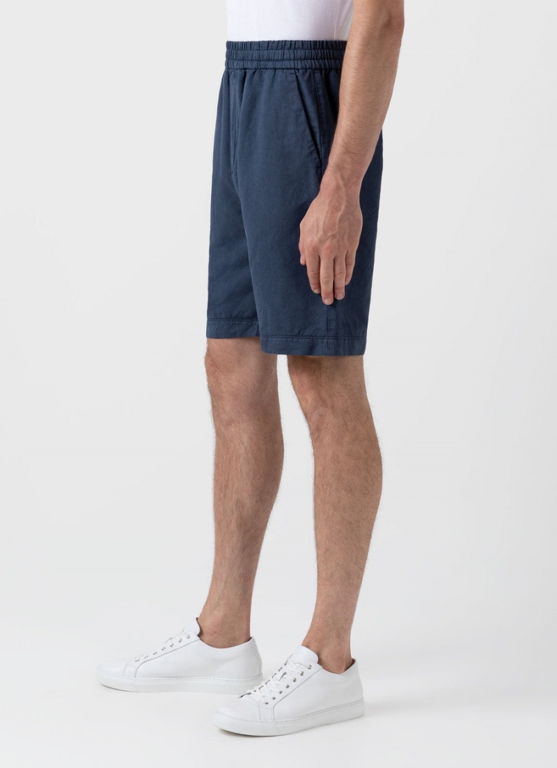 Blue Sunspel Cotton Linen Drawstring Shorts | 86437-FWUB | USA