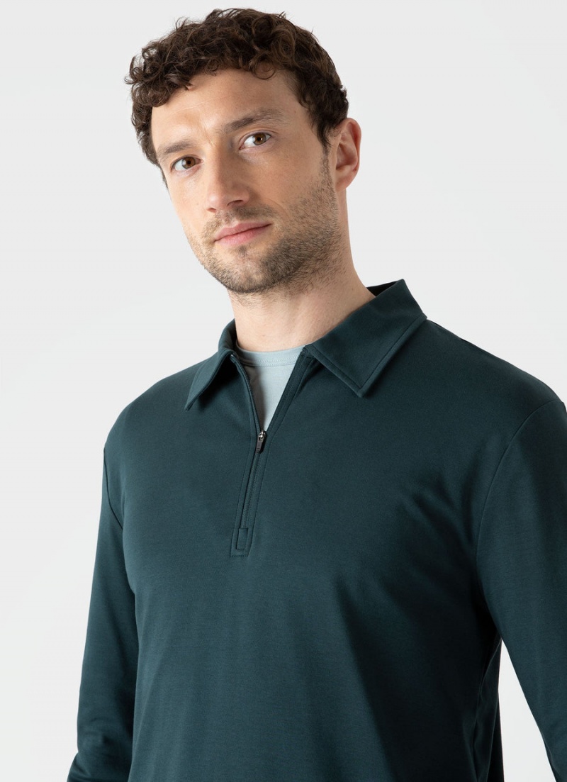 Blue Sunspel Half Zip Heavyweight Polo Shirt | 73648-BQDR | USA