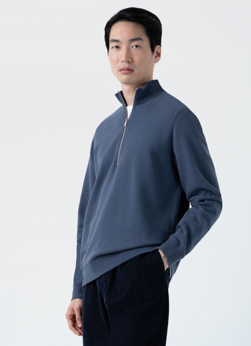 Blue Sunspel Half Zip Loopback Sweatshirt | 59683-YLGT | USA