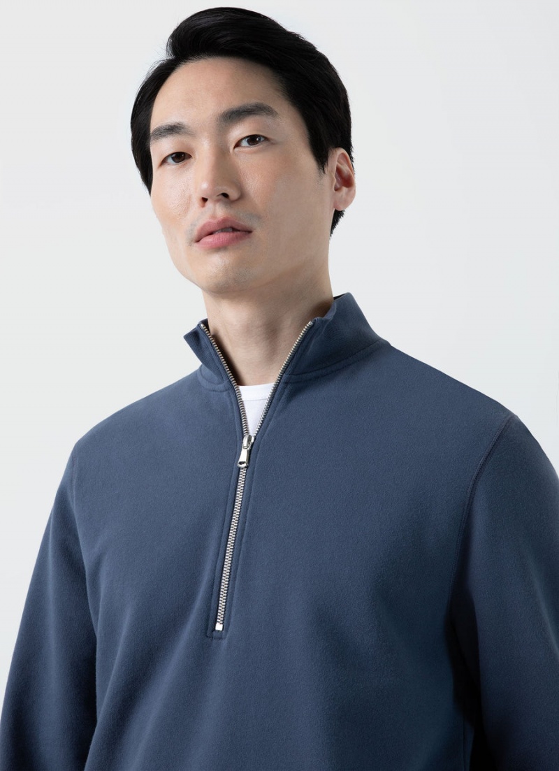 Blue Sunspel Half Zip Loopback Sweatshirt | 59683-YLGT | USA