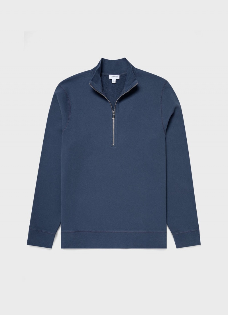 Blue Sunspel Half Zip Loopback Sweatshirt | 59683-YLGT | USA