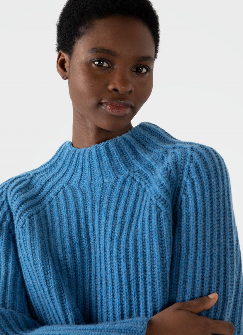 Blue Sunspel Lambswool Chunky Funnel Neck Jumper | 45731-FMLW | USA