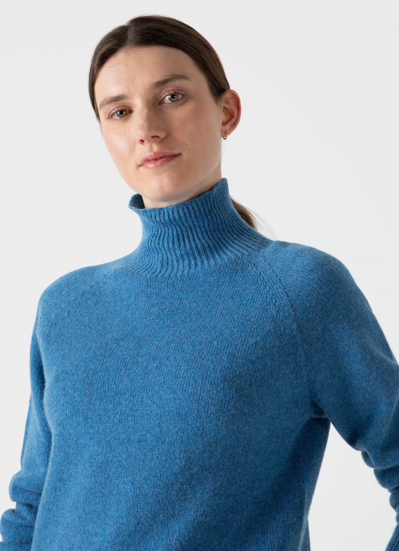 Blue Sunspel Lambswool Funnel Neck Jumper | 14027-GRQT | USA