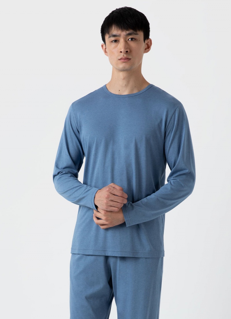 Blue Sunspel Long Sleeve Cotton Modal Lounge T-shirt | 85730-DQHA | USA