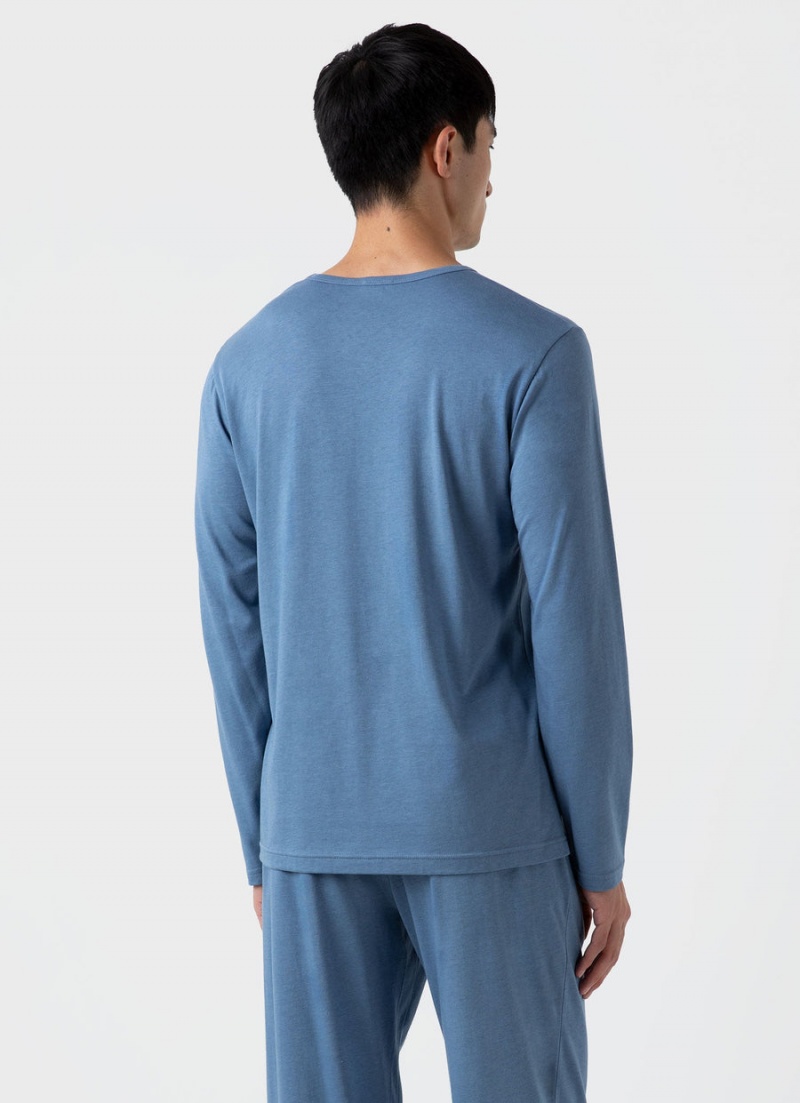 Blue Sunspel Long Sleeve Cotton Modal Lounge T-shirt | 85730-DQHA | USA