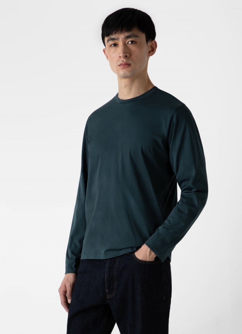 Blue Sunspel Long Sleeve Riviera Midweight T-shirt | 70294-KXDI | USA