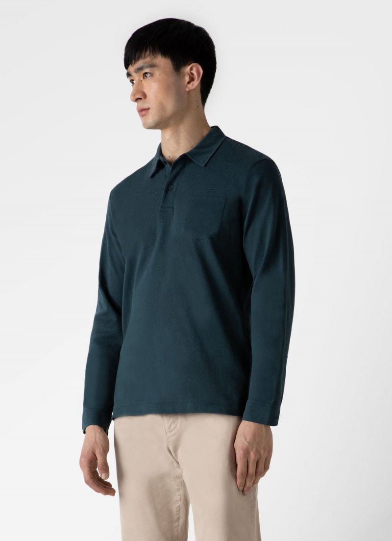 Blue Sunspel Long Sleeve Riviera Polo Shirt | 38294-PAXB | USA