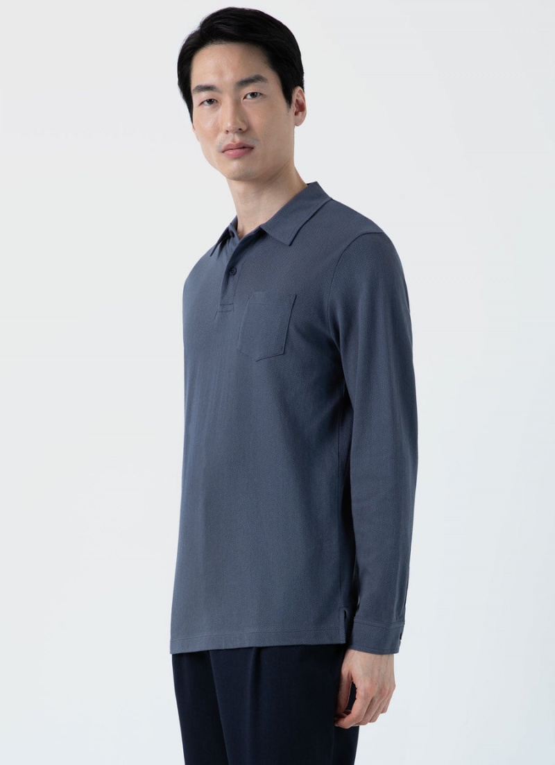 Blue Sunspel Long Sleeve Riviera Polo Shirt | 35984-NQFB | USA