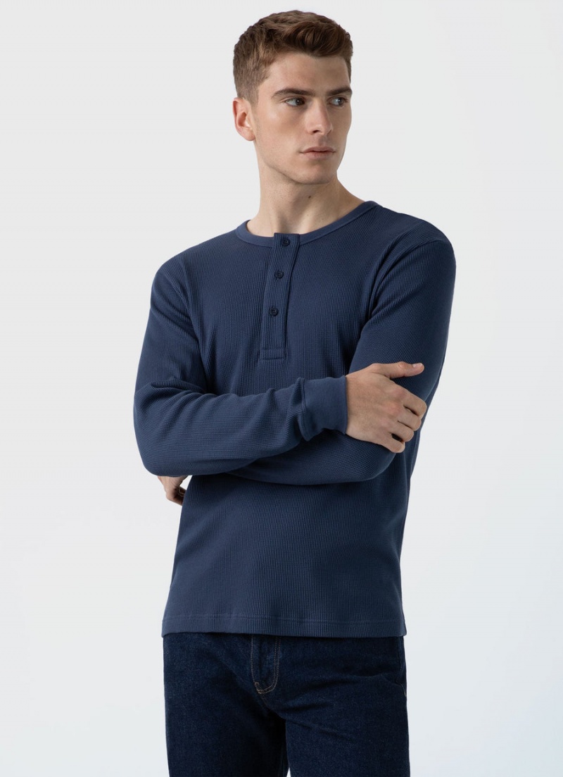 Blue Sunspel Long Sleeve Waffle Henley | 67058-INES | USA