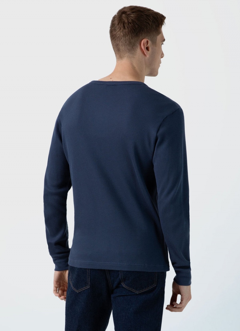 Blue Sunspel Long Sleeve Waffle Henley | 67058-INES | USA