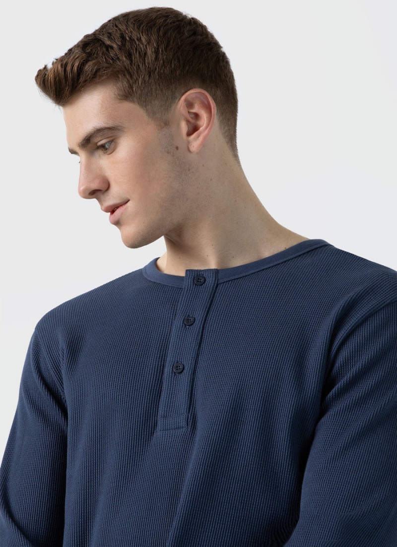 Blue Sunspel Long Sleeve Waffle Henley | 67058-INES | USA