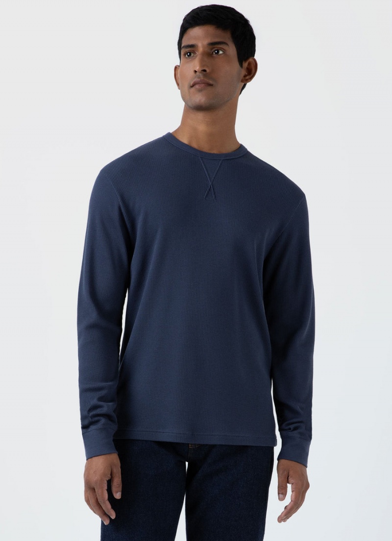 Blue Sunspel Long Sleeve Waffle T-shirt | 91462-QRDH | USA