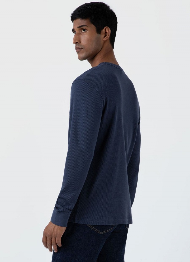 Blue Sunspel Long Sleeve Waffle T-shirt | 91462-QRDH | USA