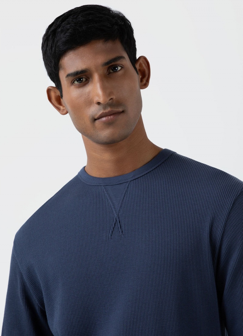 Blue Sunspel Long Sleeve Waffle T-shirt | 91462-QRDH | USA