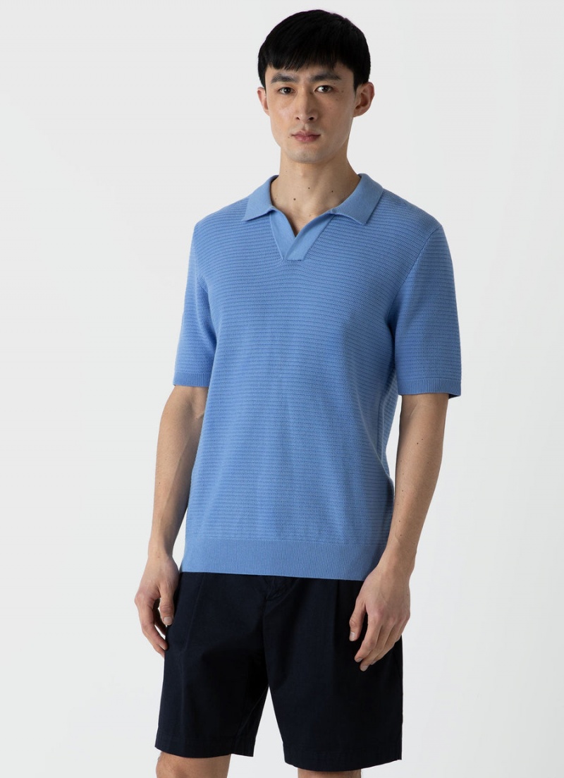 Blue Sunspel Open Textured Polo Shirt | 87930-LHPR | USA