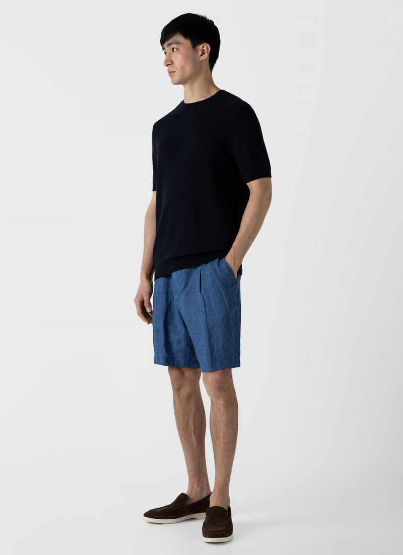 Blue Sunspel Pleated Linen Short | 43018-MQAL | USA