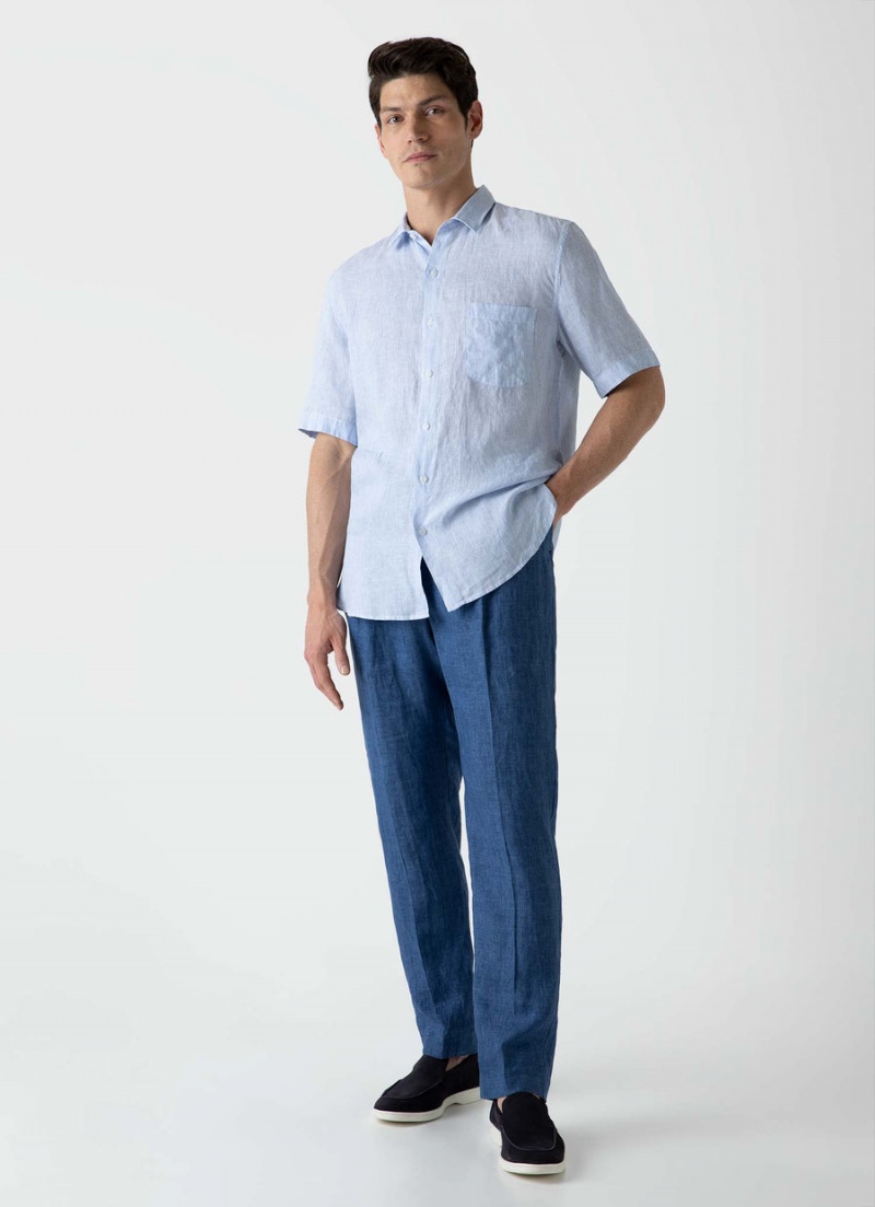 Blue Sunspel Pleated Linen Trouser | 86591-GRNM | USA