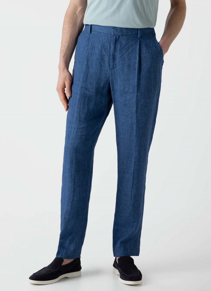 Blue Sunspel Pleated Linen Trouser | 86591-GRNM | USA