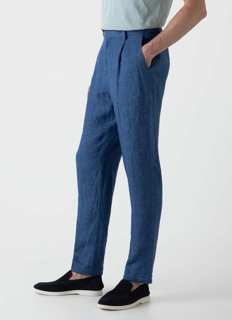 Blue Sunspel Pleated Linen Trouser | 86591-GRNM | USA