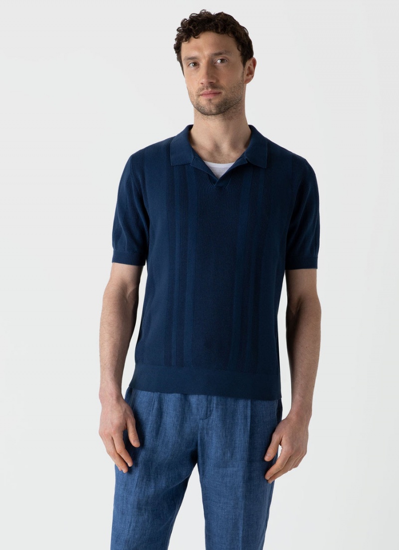 Blue Sunspel Rib Knit Polo Shirt | 78063-ZKRU | USA