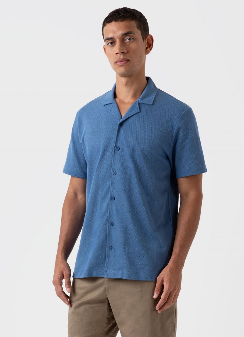 Blue Sunspel Riviera Camp Collar Shirt | 94782-WHMK | USA