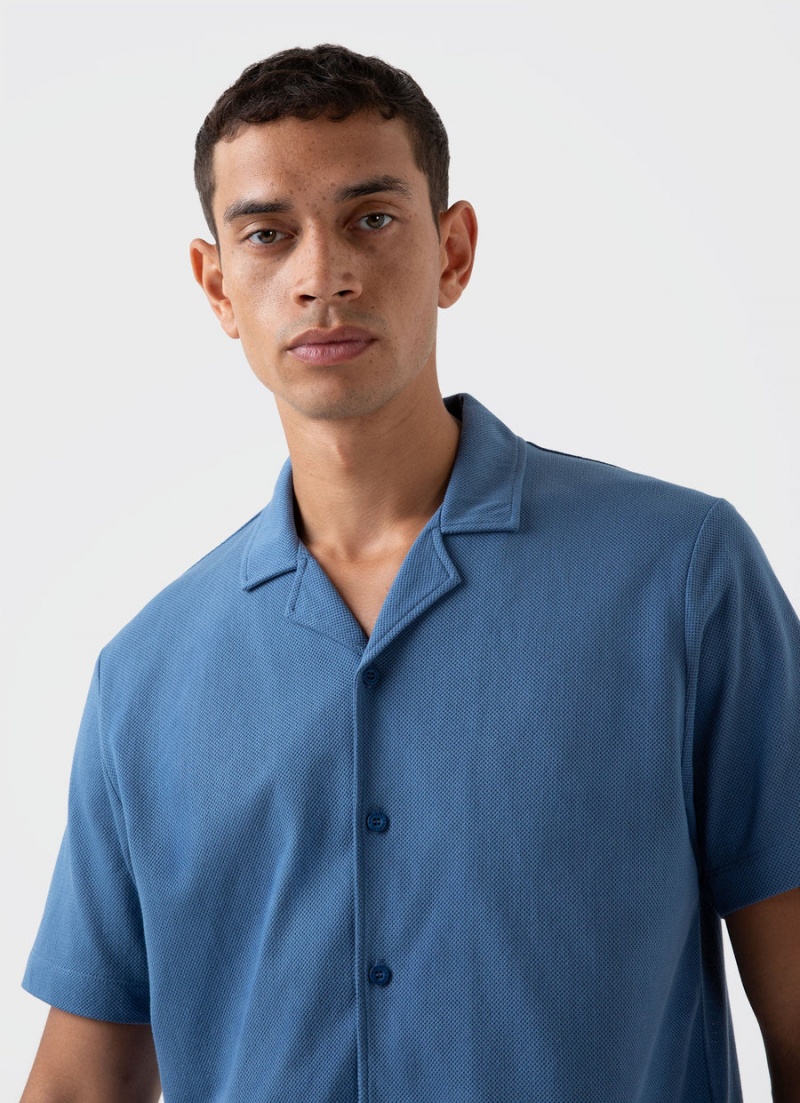 Blue Sunspel Riviera Camp Collar Shirt | 94782-WHMK | USA