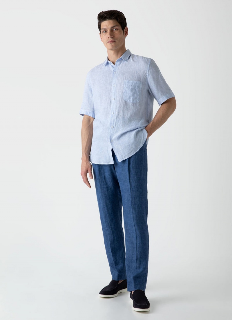 Blue Sunspel Short Sleeve Linen Shirt | 18340-UYKF | USA