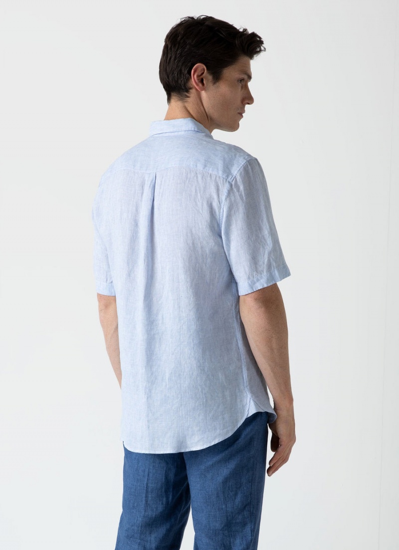 Blue Sunspel Short Sleeve Linen Shirt | 18340-UYKF | USA