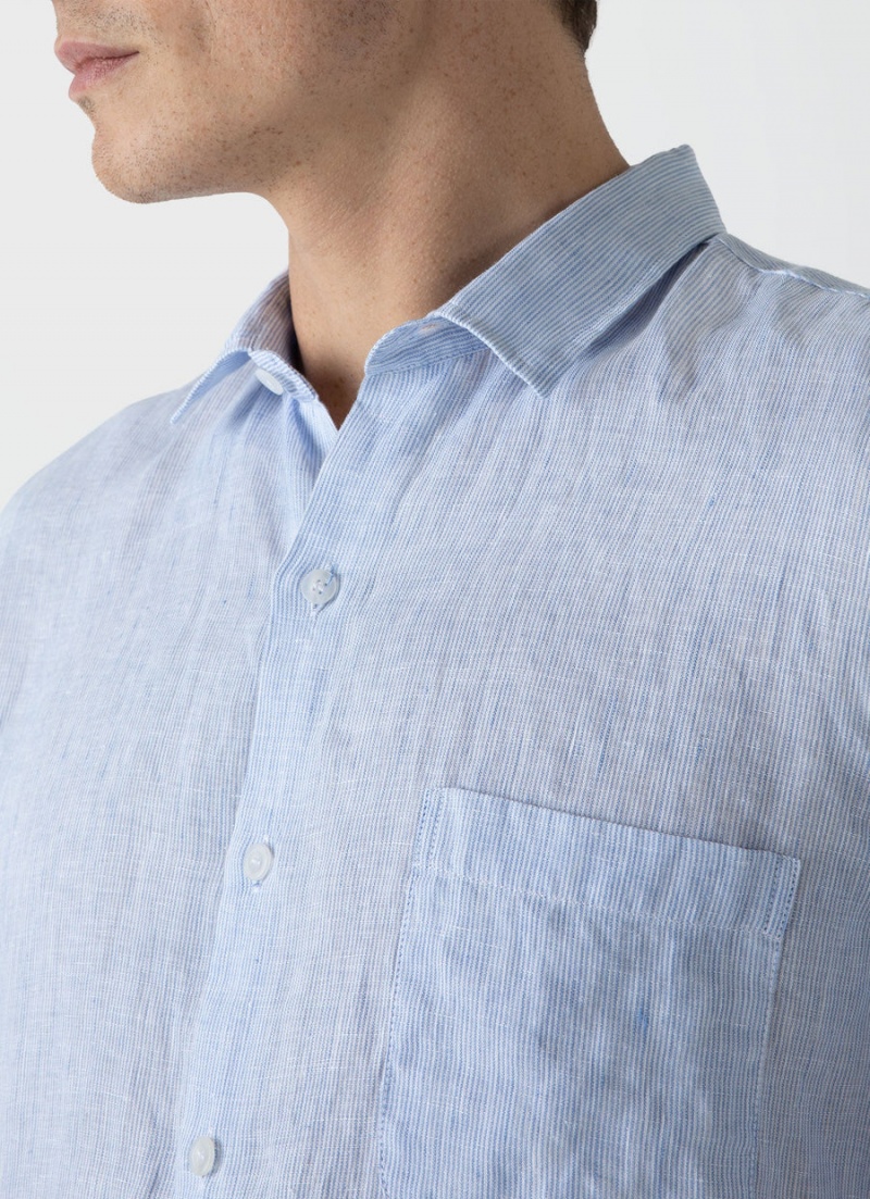 Blue Sunspel Short Sleeve Linen Shirt | 18340-UYKF | USA