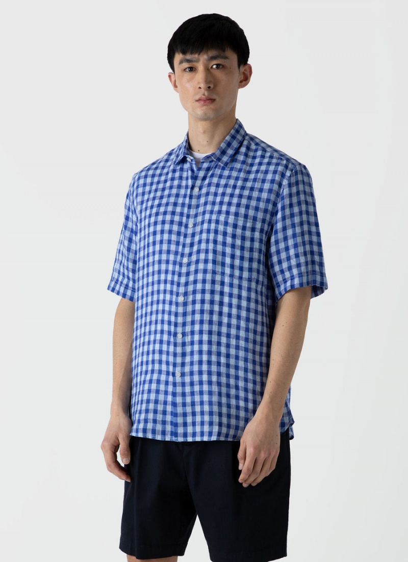 Blue Sunspel Short Sleeve Linen Shirt | 39741-JOUR | USA