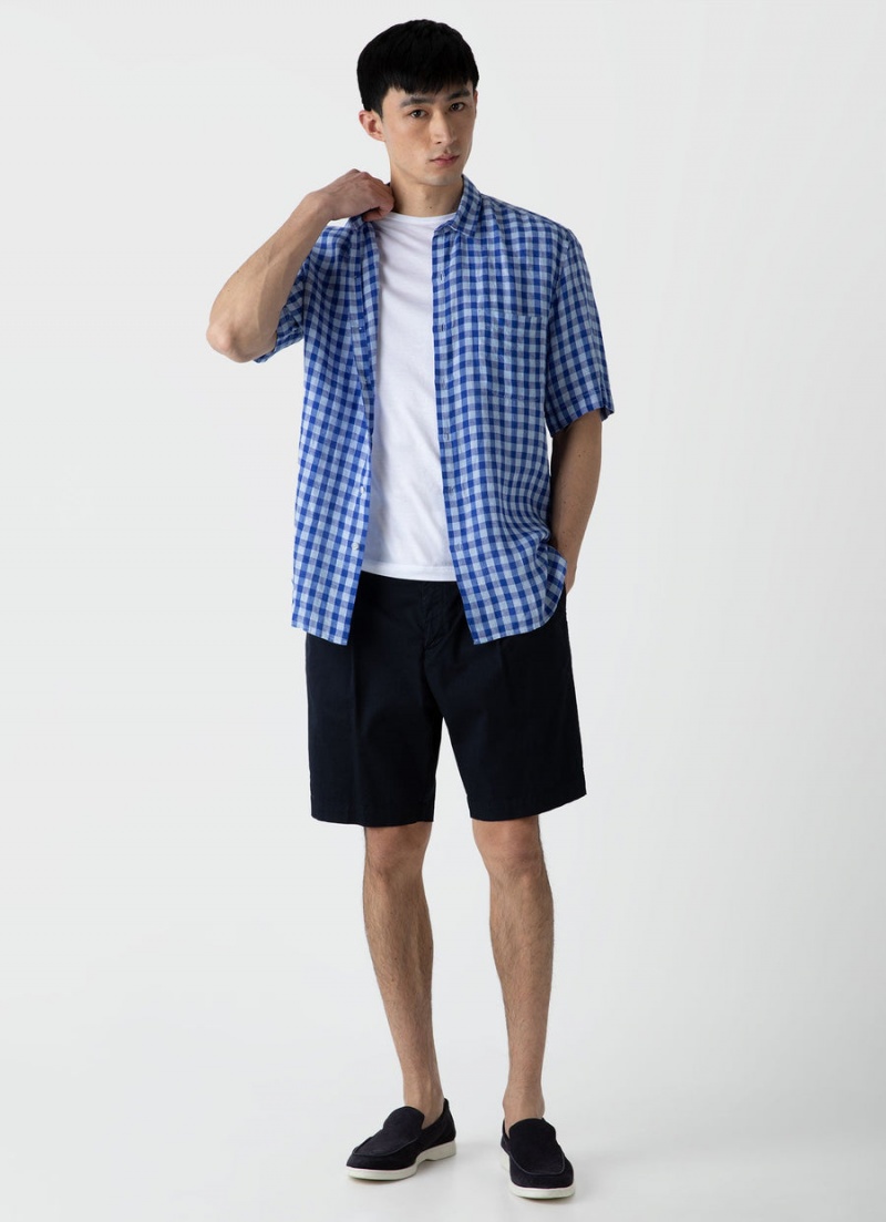 Blue Sunspel Short Sleeve Linen Shirt | 39741-JOUR | USA