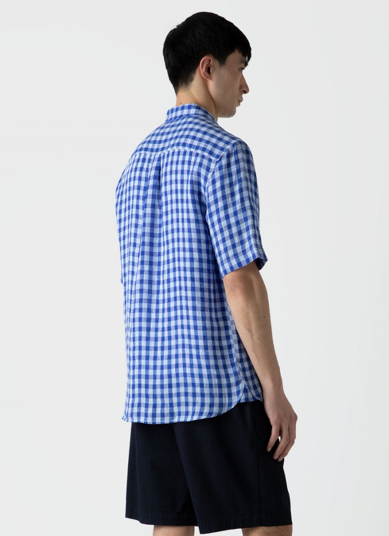 Blue Sunspel Short Sleeve Linen Shirt | 39741-JOUR | USA