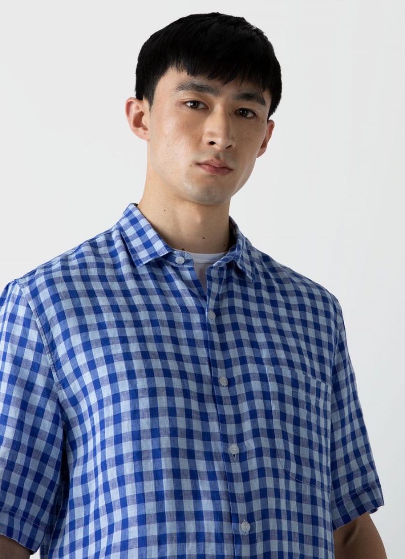 Blue Sunspel Short Sleeve Linen Shirt | 39741-JOUR | USA