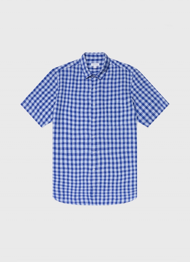 Blue Sunspel Short Sleeve Linen Shirt | 39741-JOUR | USA