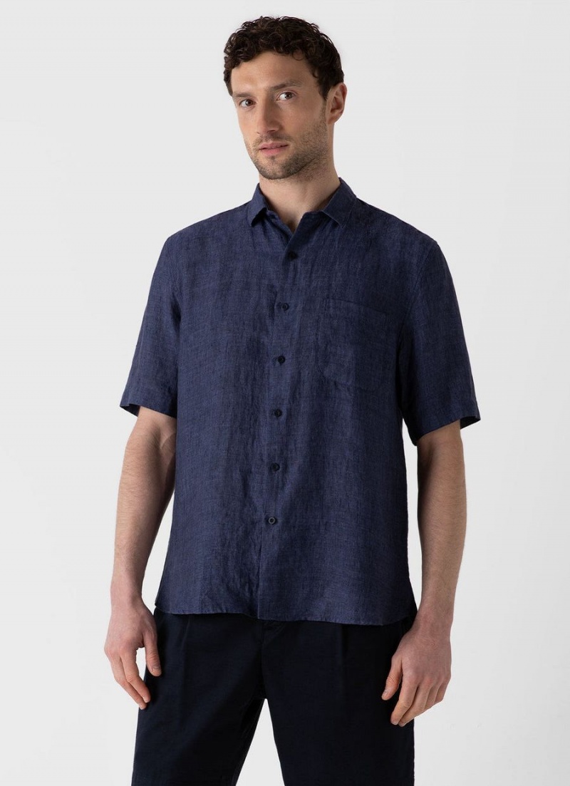 Blue Sunspel Short Sleeve Linen Shirt | 47023-OPVA | USA