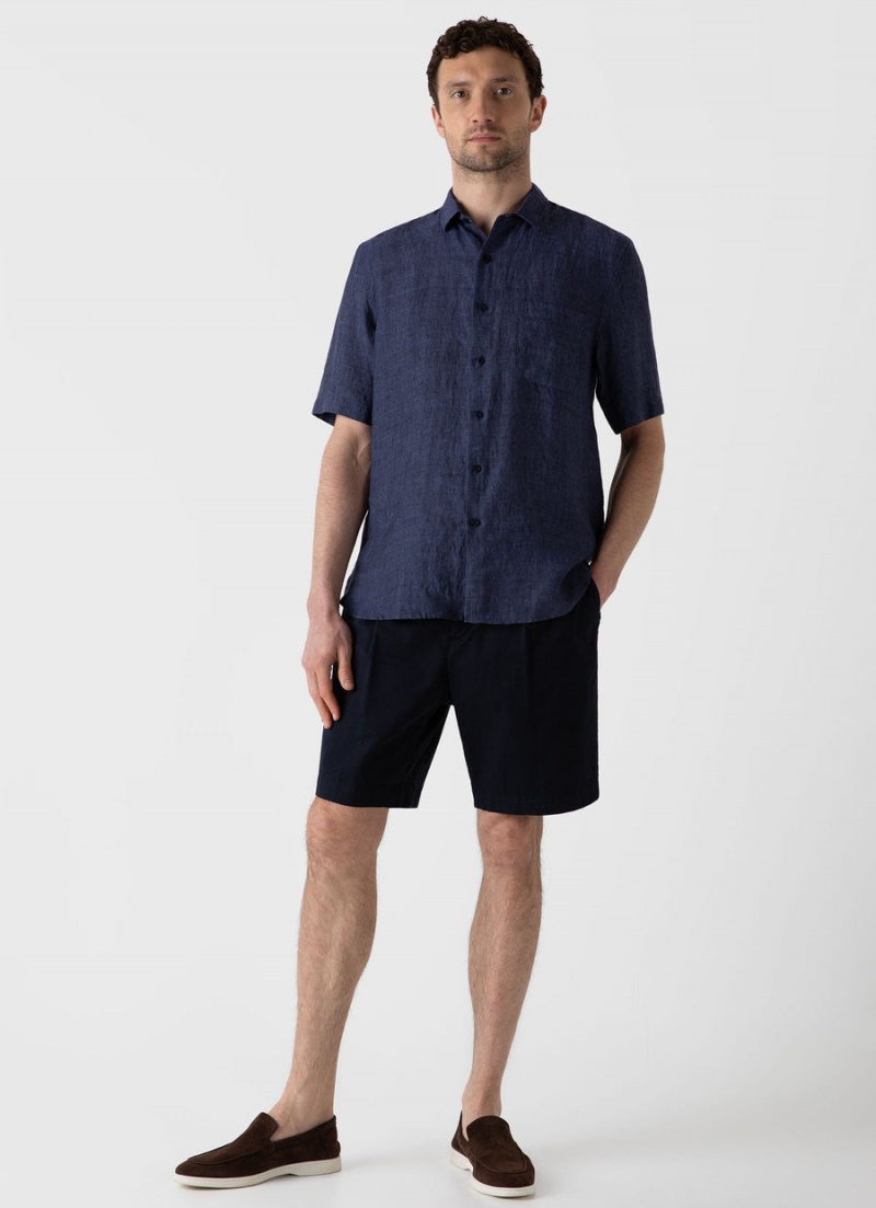 Blue Sunspel Short Sleeve Linen Shirt | 47023-OPVA | USA