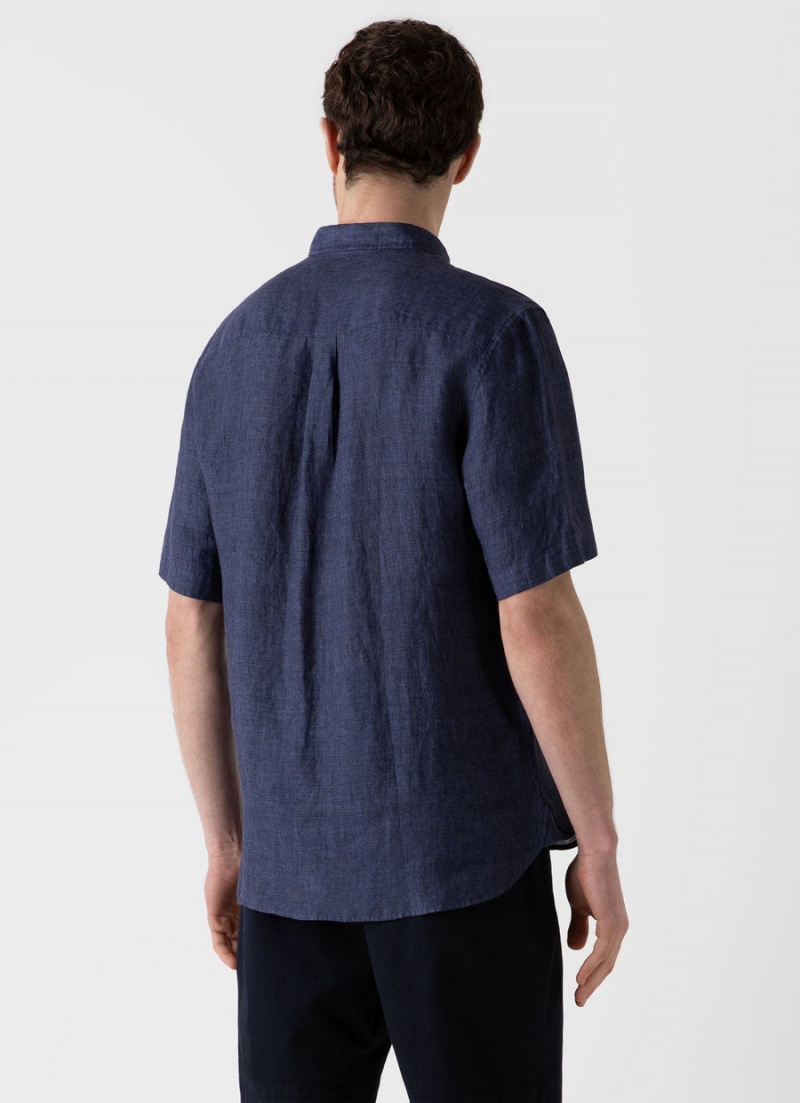 Blue Sunspel Short Sleeve Linen Shirt | 47023-OPVA | USA