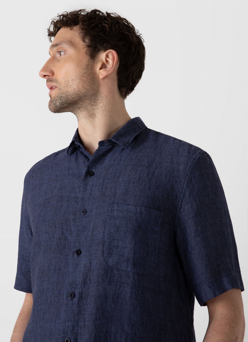 Blue Sunspel Short Sleeve Linen Shirt | 47023-OPVA | USA