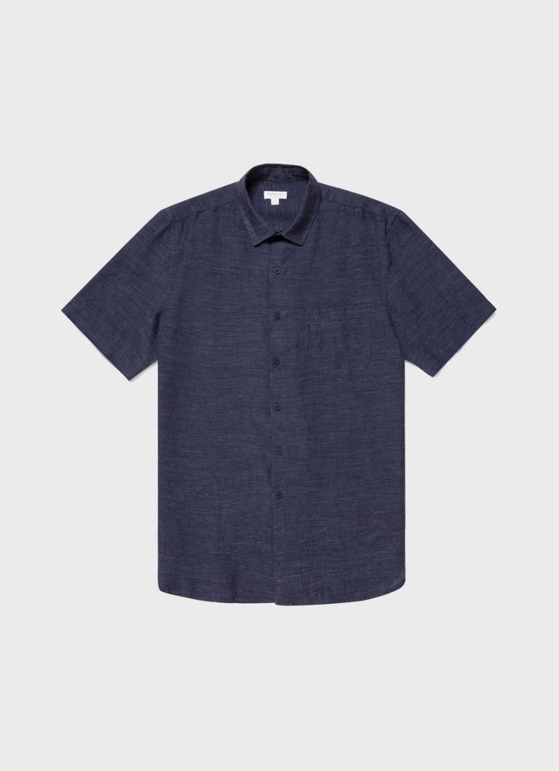 Blue Sunspel Short Sleeve Linen Shirt | 47023-OPVA | USA