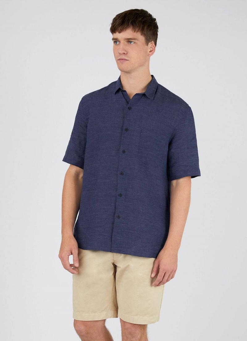 Blue Sunspel Short Sleeve Linen Shirt | 47023-OPVA | USA