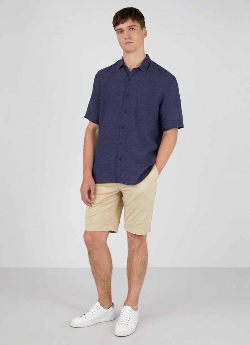 Blue Sunspel Short Sleeve Linen Shirt | 47023-OPVA | USA