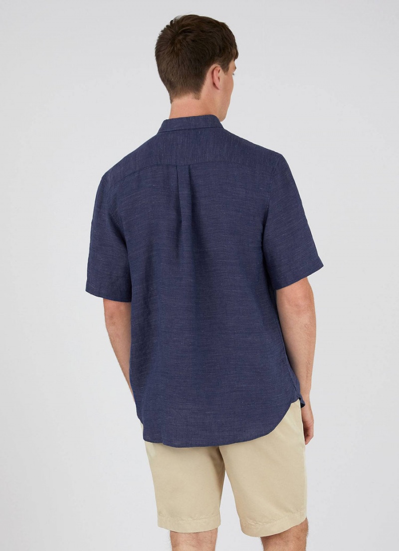 Blue Sunspel Short Sleeve Linen Shirt | 47023-OPVA | USA