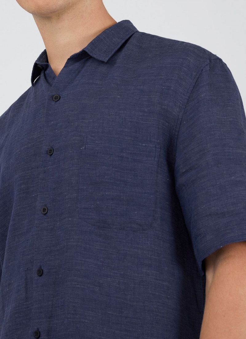 Blue Sunspel Short Sleeve Linen Shirt | 47023-OPVA | USA