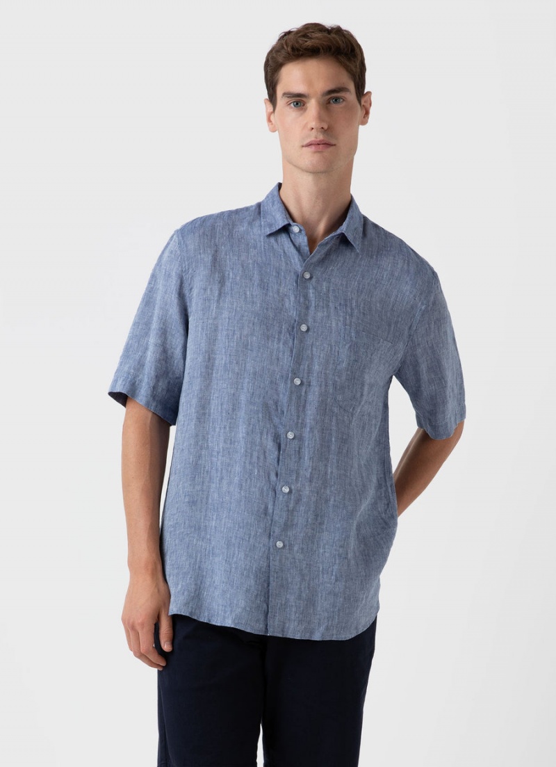 Blue Sunspel Short Sleeve Linen Shirt | 57349-IQOD | USA