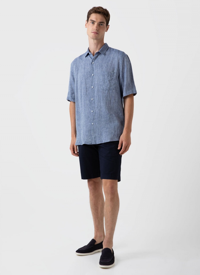 Blue Sunspel Short Sleeve Linen Shirt | 57349-IQOD | USA