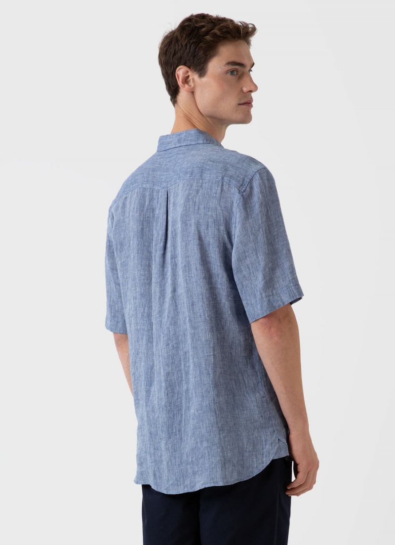 Blue Sunspel Short Sleeve Linen Shirt | 57349-IQOD | USA