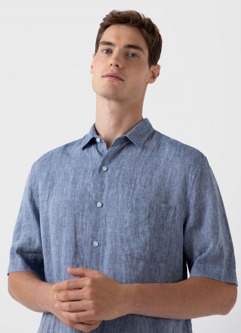 Blue Sunspel Short Sleeve Linen Shirt | 57349-IQOD | USA