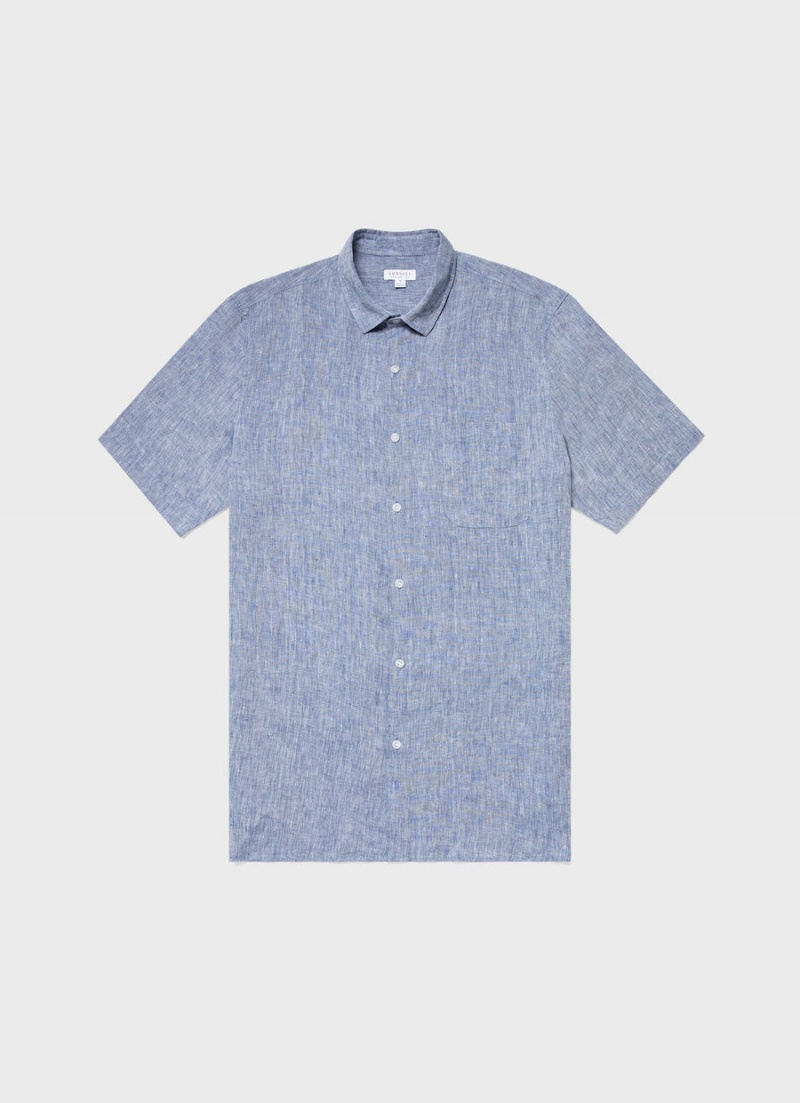 Blue Sunspel Short Sleeve Linen Shirt | 57349-IQOD | USA