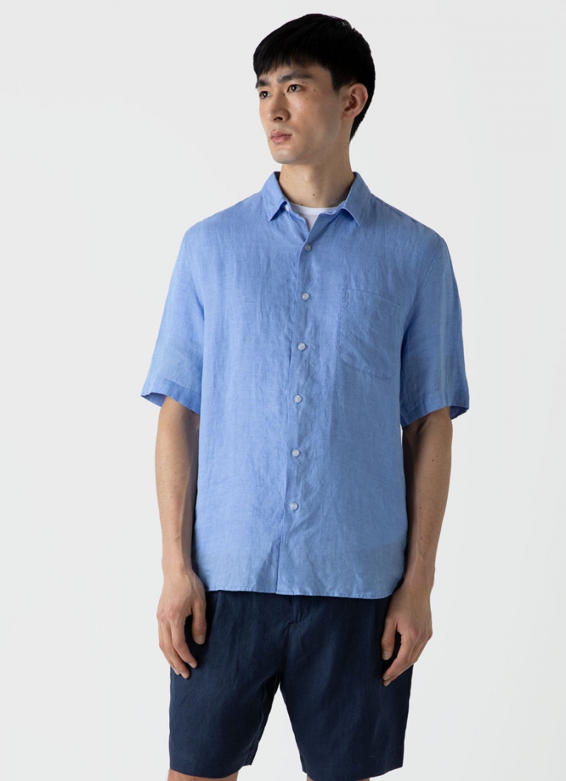 Blue Sunspel Short Sleeve Linen Shirt | 79583-QCYI | USA